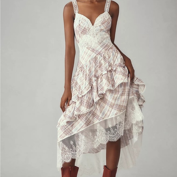 Anthropologie Dresses & Skirts - Anthropologie The Bobbi Plaid Lace-Trim Ruffle Midi Dress in White & Brown Large